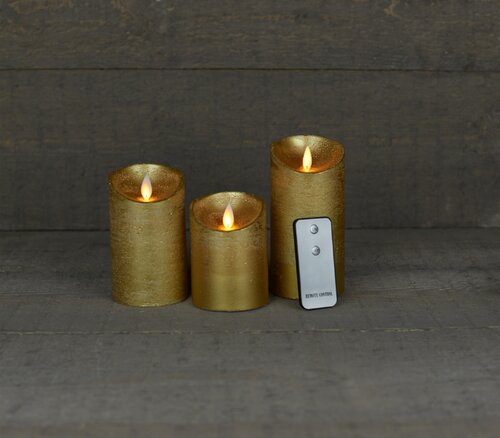 Anna’s Collection 3st. LED Rustiek wax stompkaars Goud - Ø 7,5 x H 10/12,5/15 cm - afbeelding 4