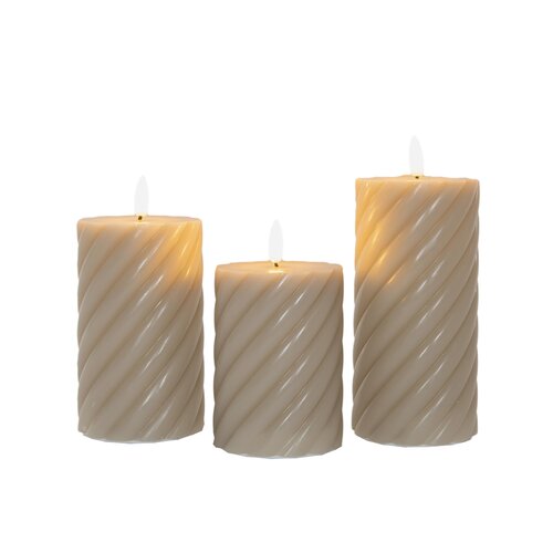 3ST outdoor swirl kaars 7,5X10/12,5/15CM TAUPE  AAN/UIT/ 6U TIMER 3X3AAA