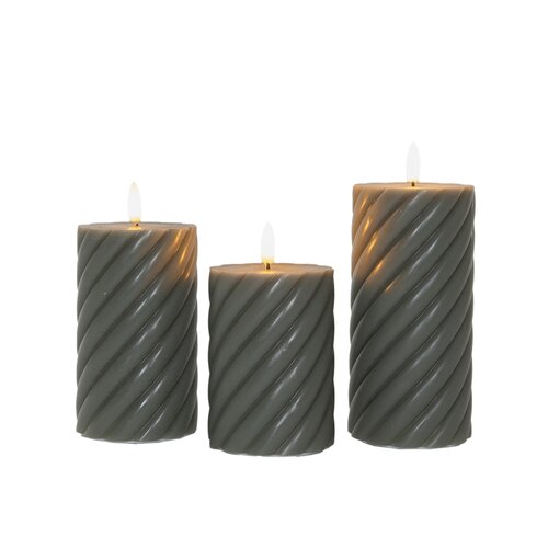 3ST outdoor swirl kaars 7,5X10/12,5/15CM OLIJFGROEN  AAN/UIT/ 6U TIMER 3X3AAA