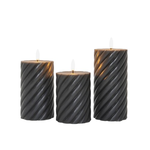 3ST outdoor swirl kaars 7,5X10/12,5/15CM GRIJS  AAN/UIT/ 6U TIMER 3X3AAA