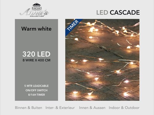 CASCADE ZILVERDRAAD 320L/8X4M LED WARMWIT - 5M AANLOOPSNOER DC 6V-7.2VA IP44 TRA