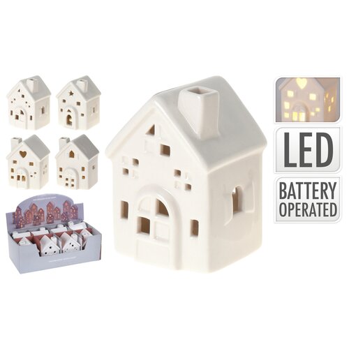 Decoratiehuisje met LED, 4 soorten - H 8 cm