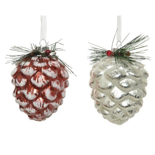 Decoris Dennenappel glas snow finish (white paint w glitter) pet green branch,red berry 2kl.ass