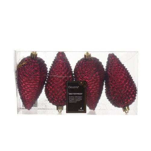 Decoris dennenappel kunststof Oxblood 12 cm 4 stuks