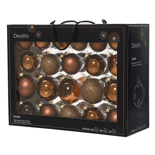 Decoris kerstballen glasmix espresso - 42 stuks in opbergdoos