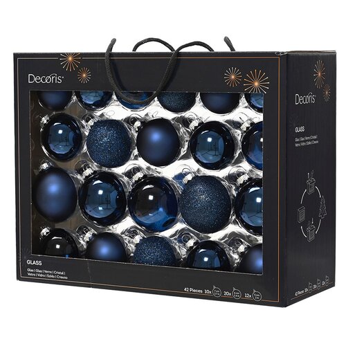 Decoris kerstballen glasmix nachtblauw - 42 stuks in opbergdoos