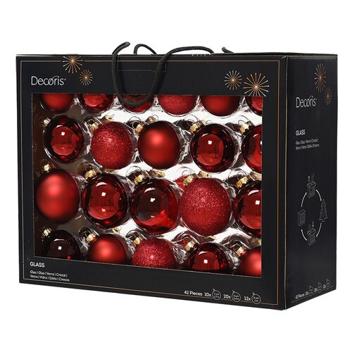 Decoris kerstballen glasmix ossenbloed - 42 stuks in opbergdoos