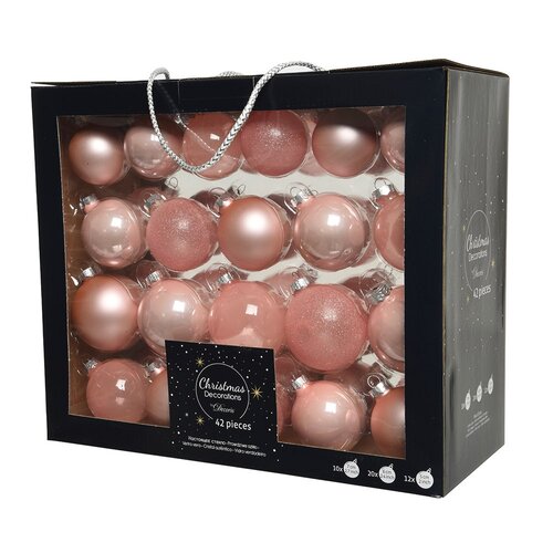 Decoris kerstballen glasmix blushy roze - 42 stuks in opbergdoos