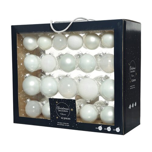 Decoris kerstballen glasmix winterwit - 42 stuks in opbergdoos