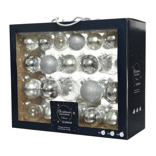 Decoris kerstballen glasmix zilver - 42 stuks in opbergdoos