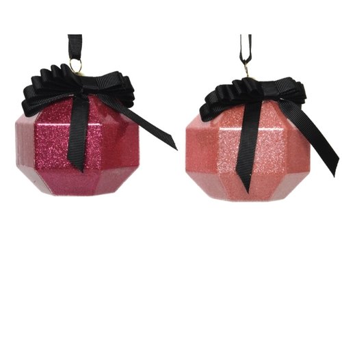 Decoris Glazen Ornament cadeau glitter met zwarte strik - Roze - afbeelding 2