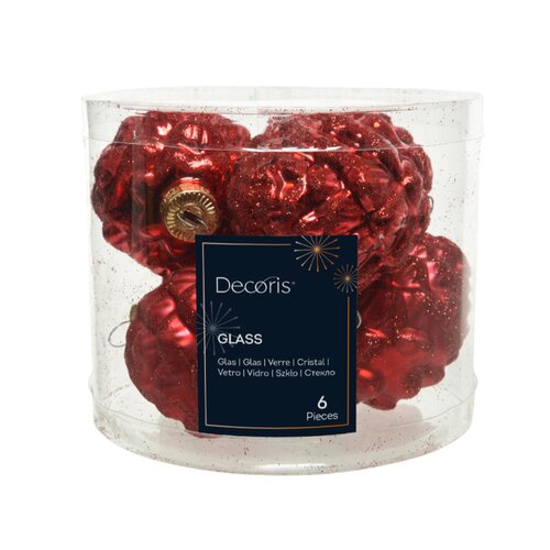 Decoris kerstbal dennenappel glas Christmas red D 5 cm 6 stuks