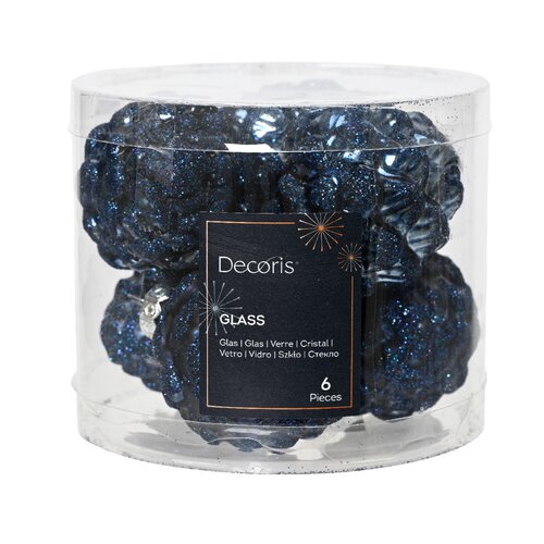 Decoris kerstbal dennenappel glas Night blue 6 stuks - D 5 cm