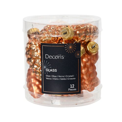 Decoris kerstbal dennenappel glas Red copper D 2.5 cm 12 stuks