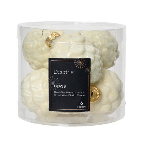 Decoris kerstbal dennenappel glas Wool white 6 stuks - D 5 cm