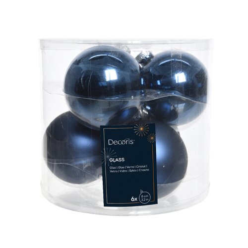 Decoris kerstbal glas Night blue 6 stuks - D 8 cm