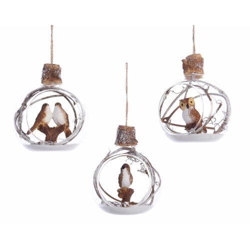 Decoris Kerstbal glas poly bird inside, branches 3ass - naturel