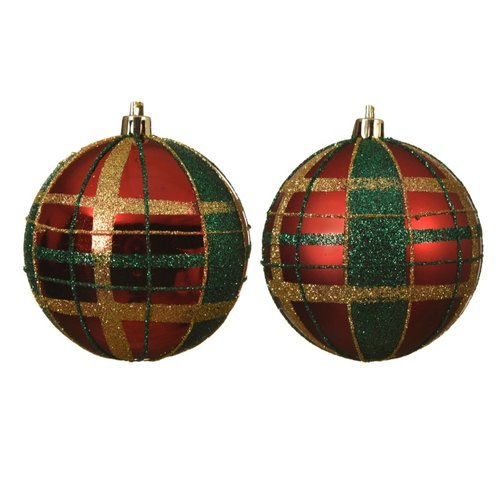 Decoris Kerstbal kunststof gold - green check glitter 2ass - Kerstrood