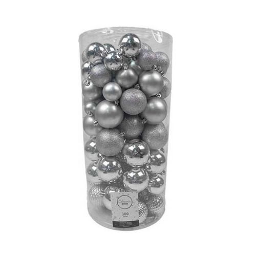 Decoris kunststof kerstballen silver 100 stuks - D 4/6/8 cm