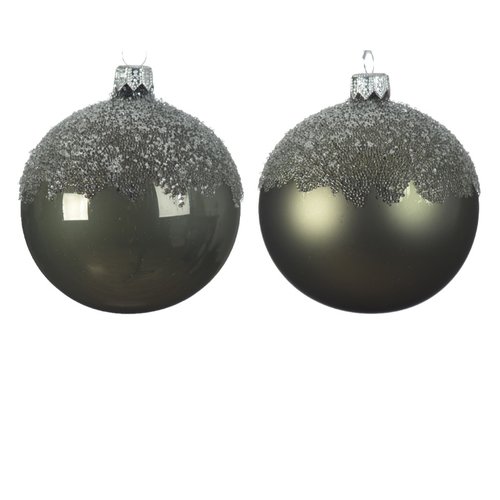 Decoris Kerstballen glas enamel matt glitter top 2ass - Mosgroen