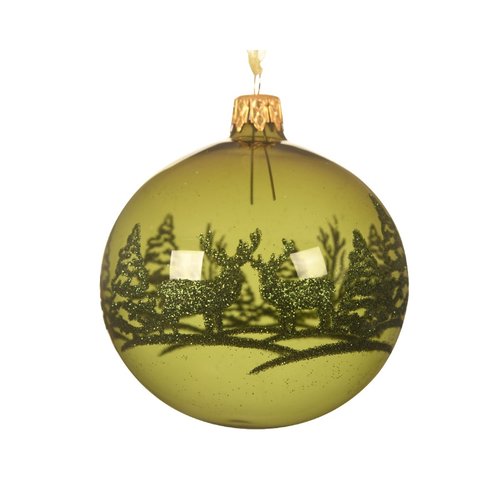 Decoris Kerstballen glas shiny deer in forest - Groen