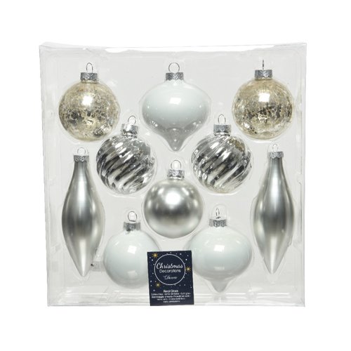 Decoris kerstballen glas shiny-matt-enamel-antique mix - Wit/zilver