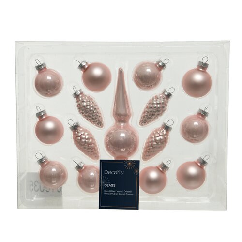 Decoris kerstboomdecoratieset glas Blush pink 15-delig