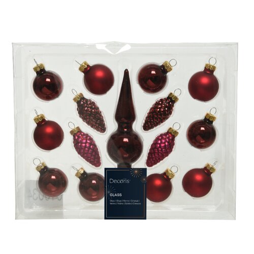 Decoris kerstboomdecoratieset glas Oxblood 15-delig