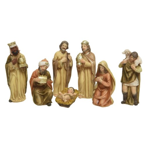 Decoris Kerstgroep polyresin maria, joseph, jesus, shepherd, 3 king 7 figures - naturel/Goud