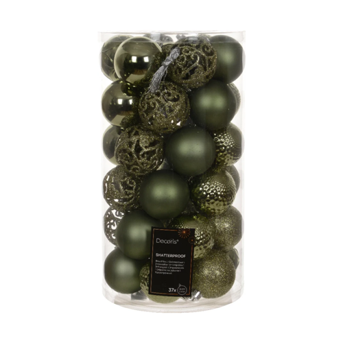 Decoris kunststof kerstballen tube rosemary green 37 stuks - D 6 cm