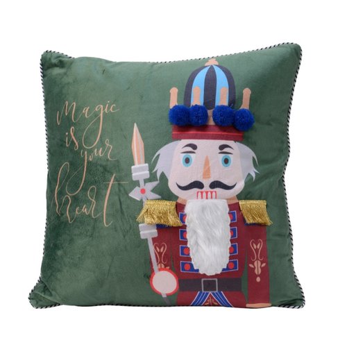 Decoris Kussen polyester fluweel nutcracker print - Groen