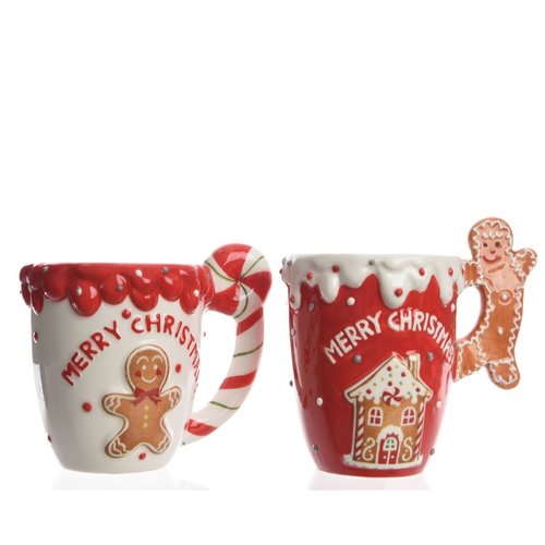 Decoris Mok dolomiet gingerbread man, candy cane handles 2kl.ass - Rood/Wit