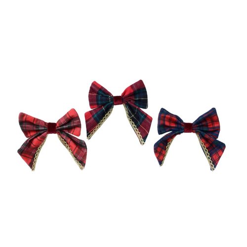 Decoris Strik polyester bow check op clip 3ass - rood/kleur(en)