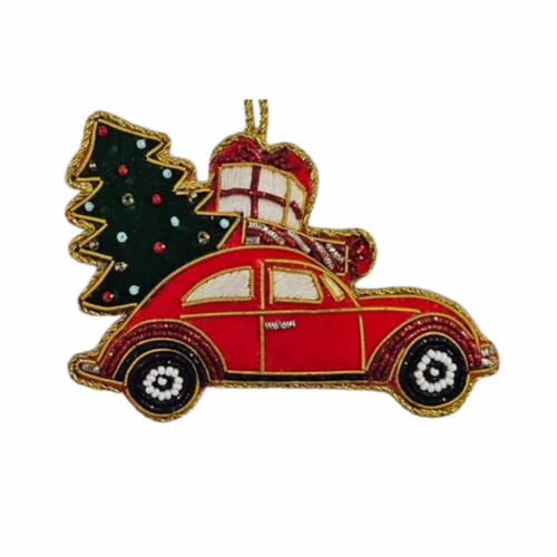 Hanger rode auto met kerstboom geborduurd