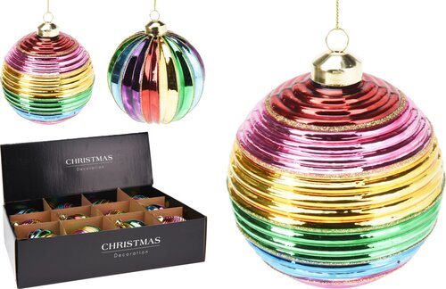 Kerstbal glas multicolor streep, 2 designs - D 10 cm - afbeelding 1