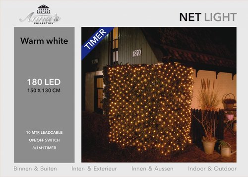 NET LIGHTS 180L/ 150X130CM LED WARM WIT - 10M AANLOOPSNOER GROEN - BI-BUI TRAFO