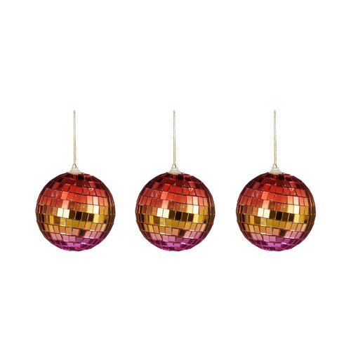 Ornament spiegel bal regenboog roze, 3 stuks - D 8 cm