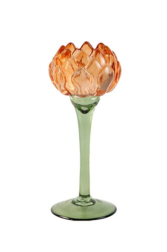 Theelichthouder glas flower op voet D 8 x H 20,2 cm orange