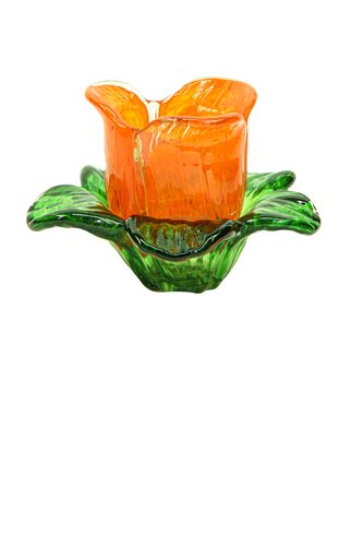 Theelichthouder glas flower D 12 x H 8 cm green/orange