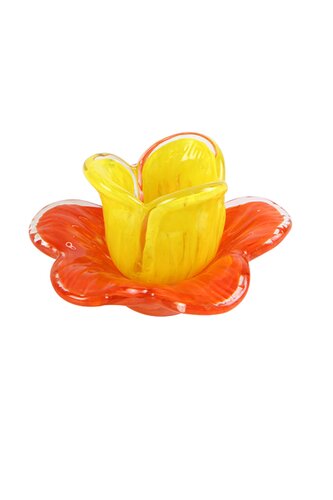 Theelichthouder glas flower D 12 x H 8 cm orange/yellow