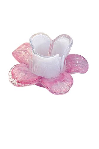 Theelichthouder glas flower D 12 x H 8 cm pink/white