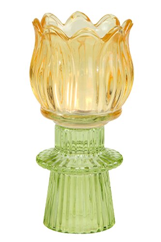 Theelichthouder/kandelaar glas flower D 7 x H 14 cm yellow