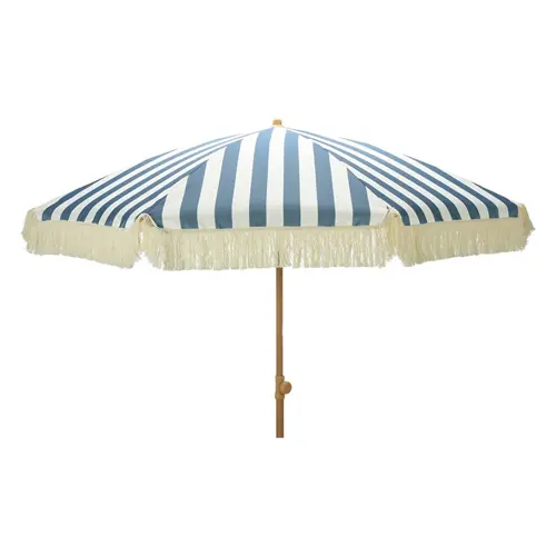 Stokparasol blauw/wit met franjes - D 200 cm - afbeelding 1