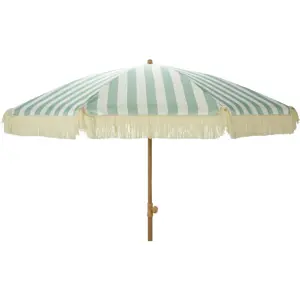 Stokparasol groen/wit met franjes - D 200 cm - afbeelding 1