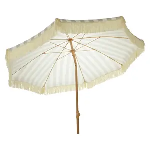 Stokparasol taupe/wit met franjes - D 200 cm - afbeelding 2