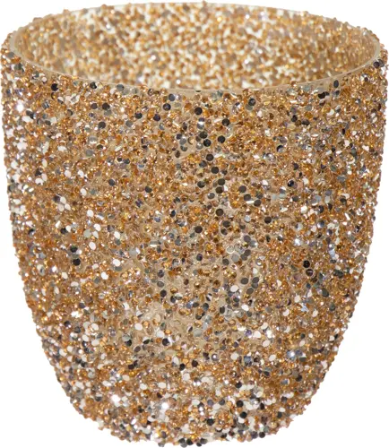 Theelicht glas strass 'Egg Gold' - D 12,5 x H 12 cm